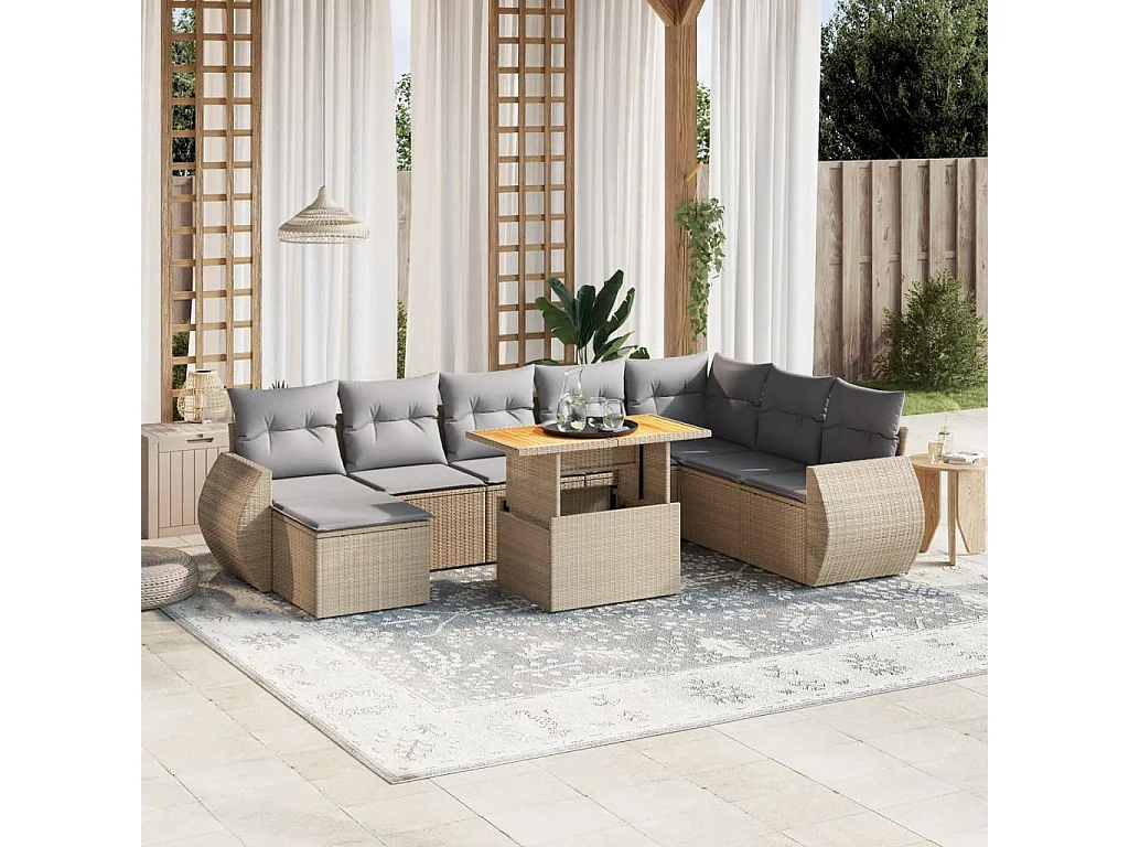 Salon de jardin avec coussins 9 pcs beige résine tressée
