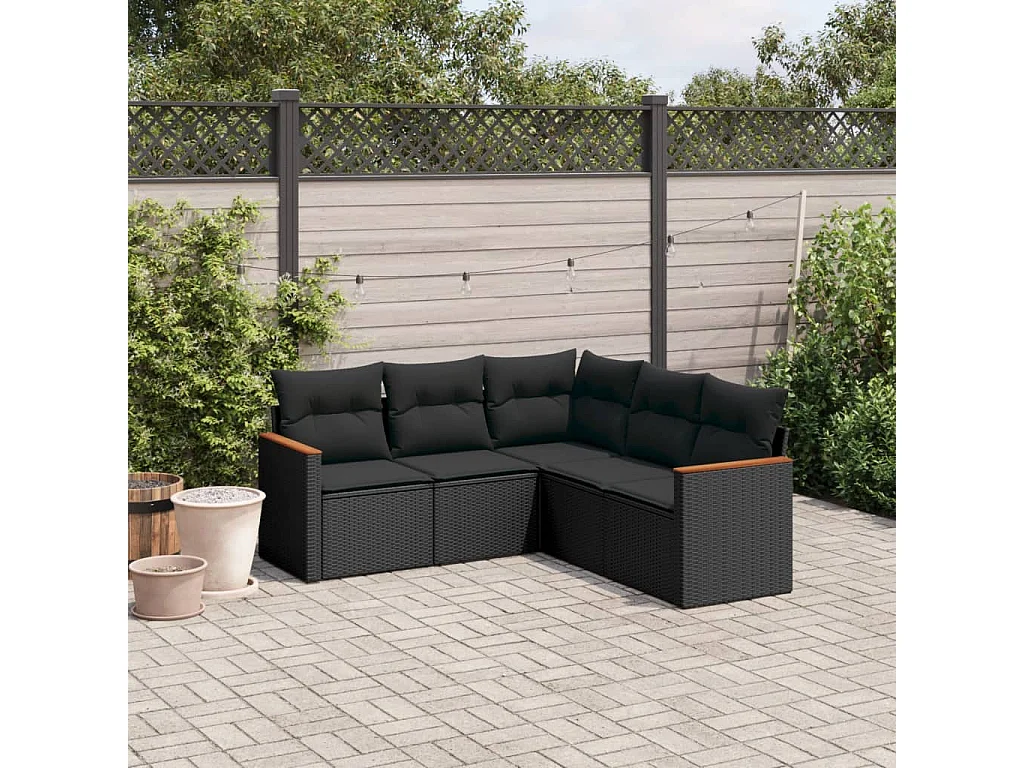5-tlg. Garten-Sofagarnitur mit Kissen Schwarz Poly Rattan