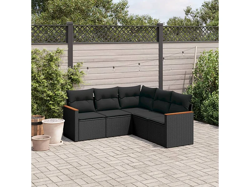 5-tlg. Garten-Sofagarnitur mit Kissen Schwarz Poly Rattan