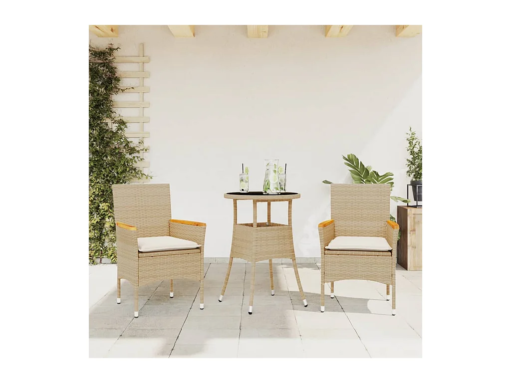 3 pcs conjunto jantar jardim com almofadões vime PE/vidro bege