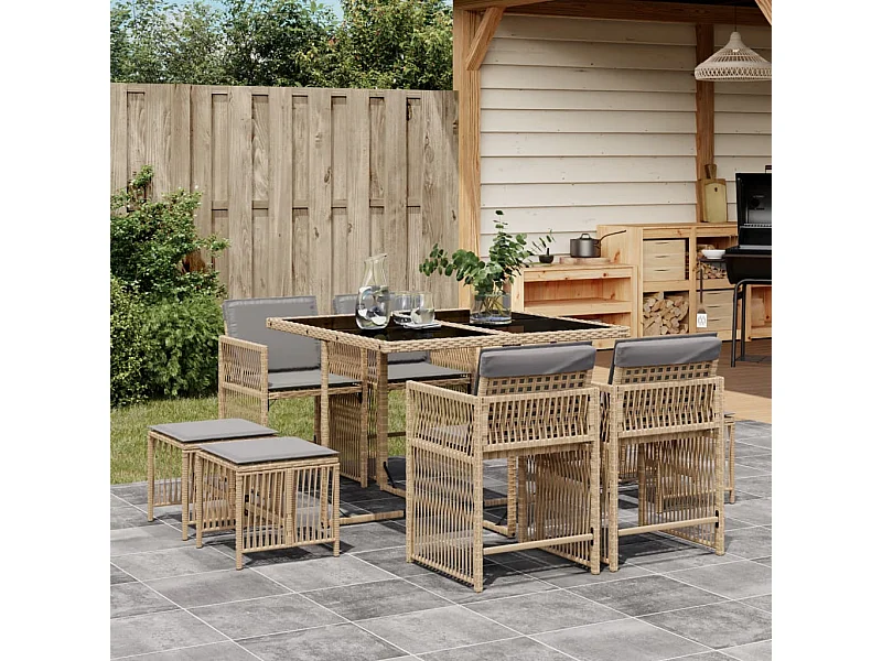 Set Pranzo da Giardino 9 pz con Cuscini Beige Misto Polyrattan