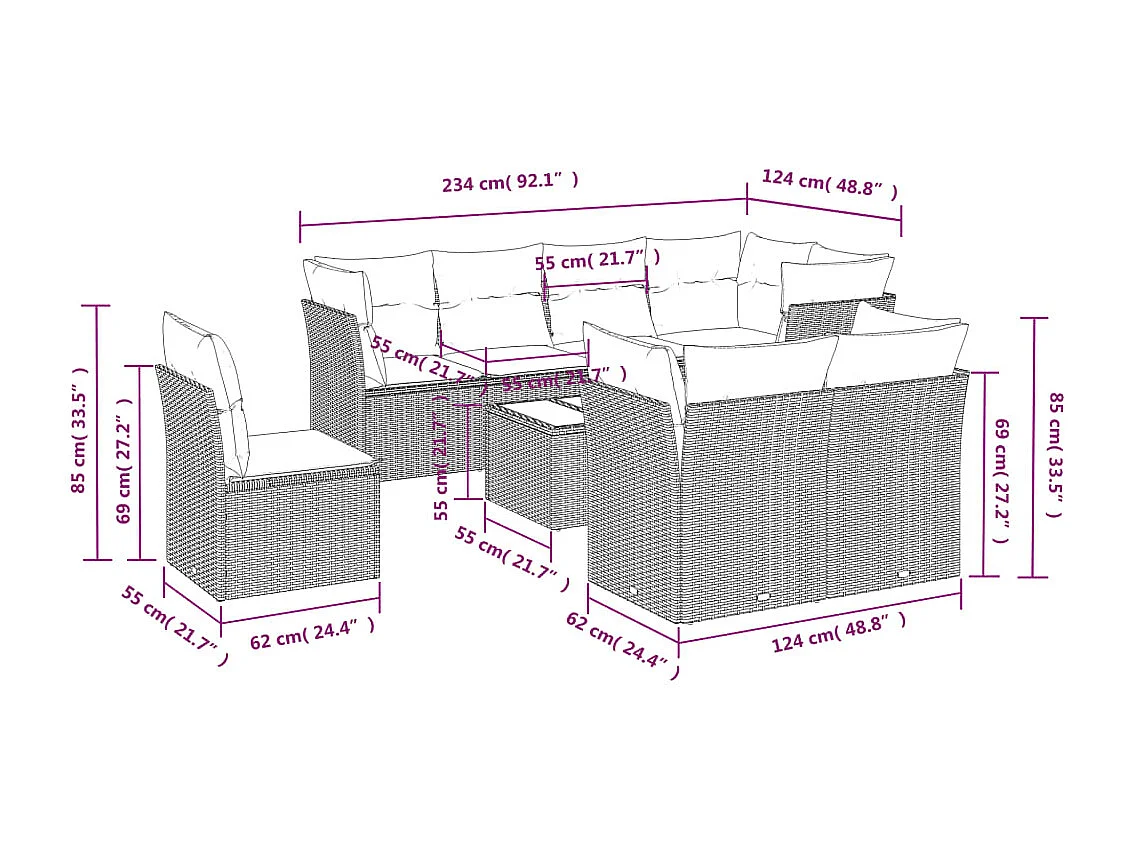 Set Divani da Giardino 9 pz con Cuscini Nero in Polyrattan