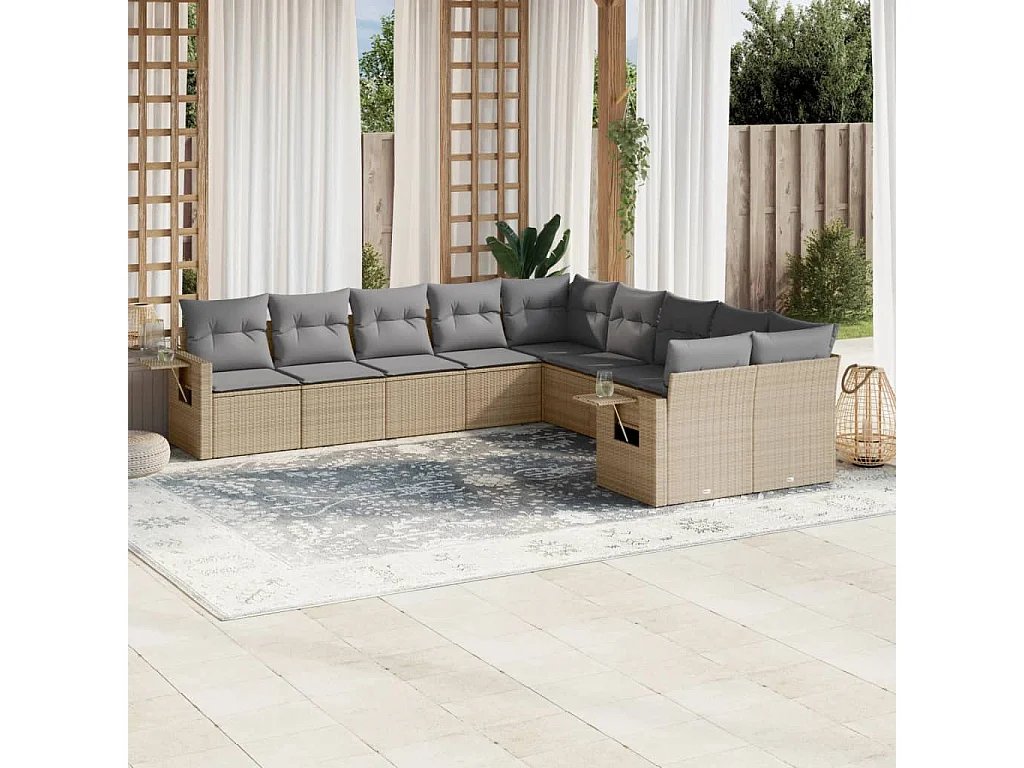 Salon de jardin avec coussins 10 pcs beige résine tressée