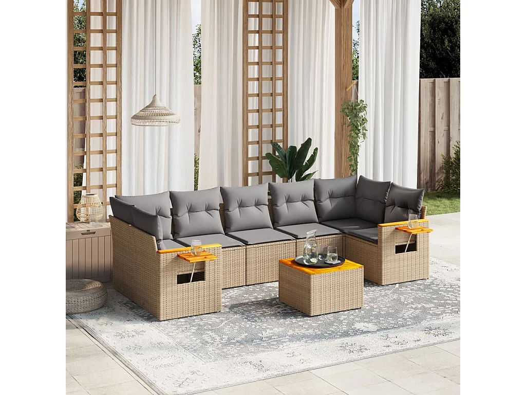 8-delige Loungeset met kussens poly rattan beige