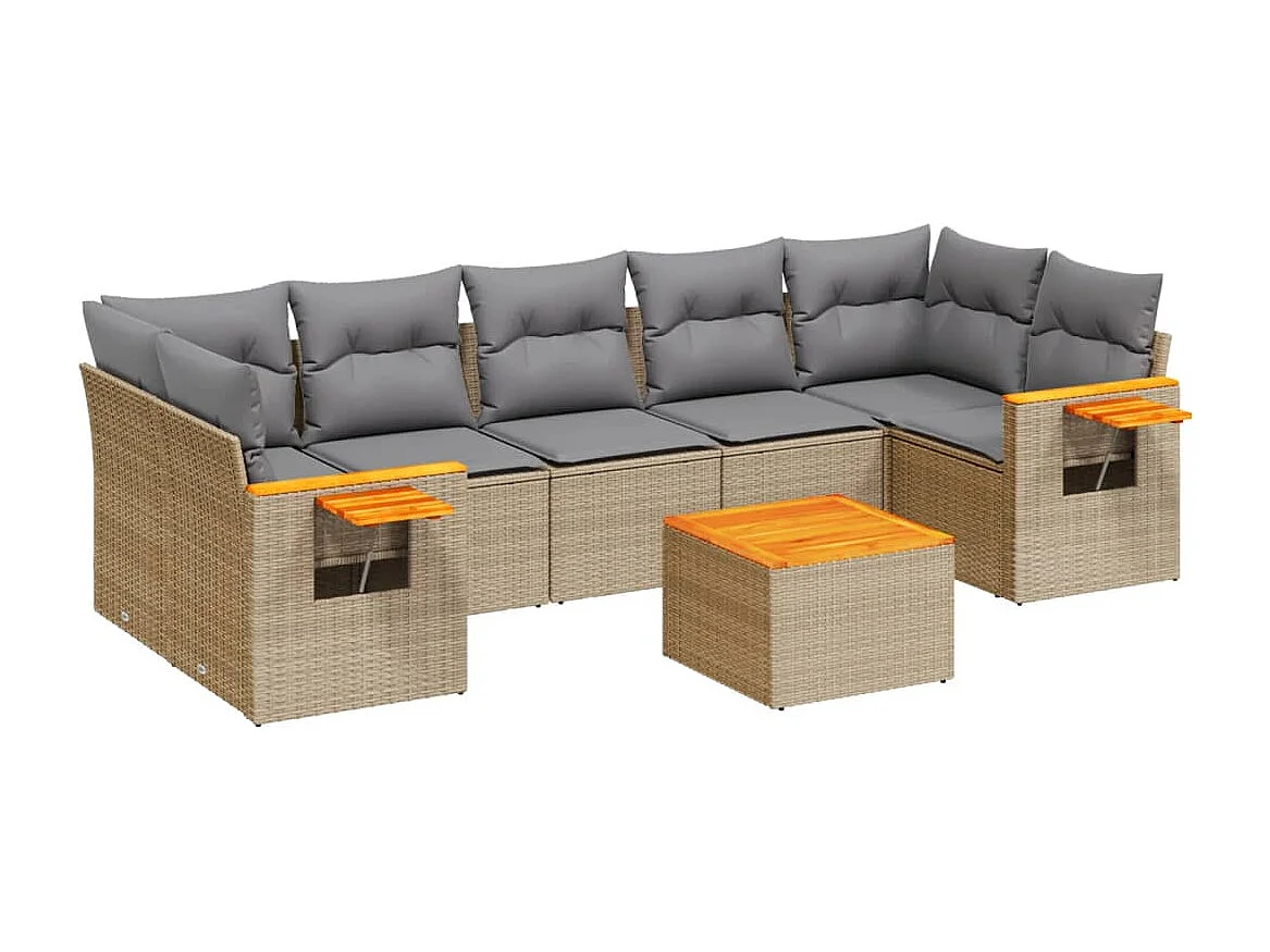 8-delige Loungeset met kussens poly rattan beige
