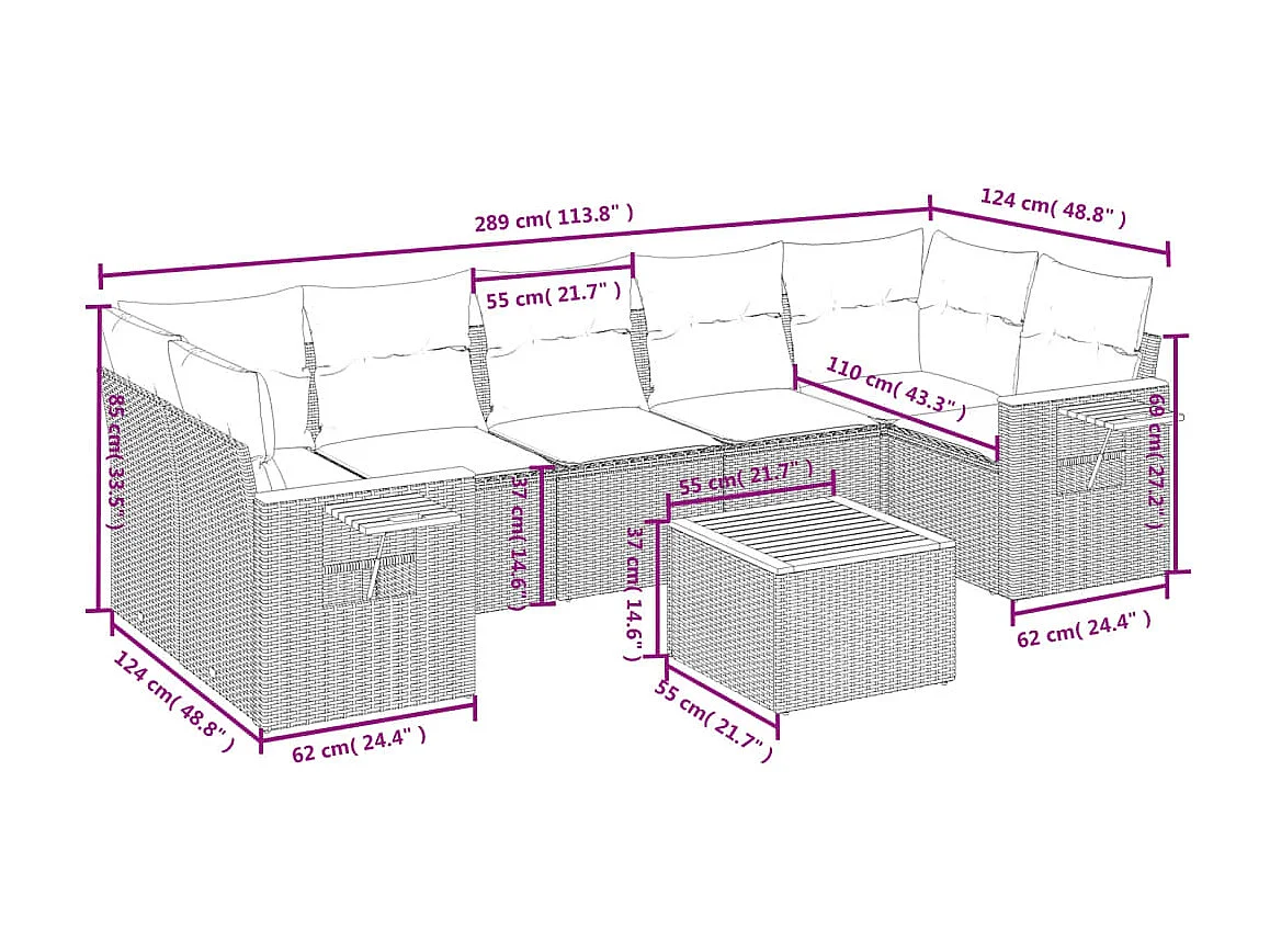 8-delige Loungeset met kussens poly rattan beige