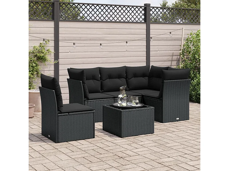 6-tlg. Garten-Sofagarnitur mit Kissen Schwarz Poly Rattan