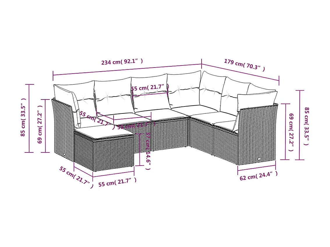 7 pcs conjunto de sofás p/ jardim c/ almofadões vime PE preto