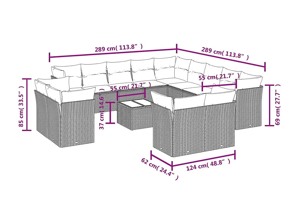 14-tlg. Garten-Sofagarnitur mit Kissen Schwarz Poly Rattan