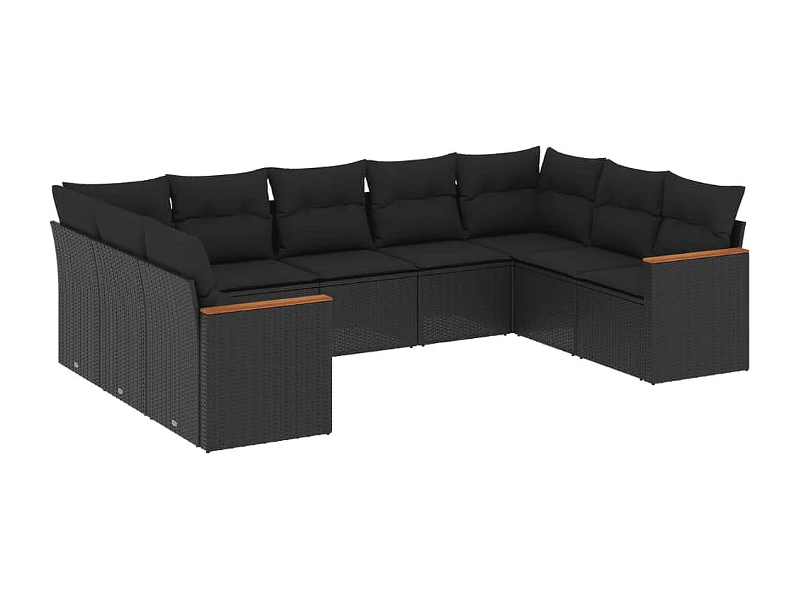 9-tlg. Garten-Sofagarnitur mit Kissen Schwarz Poly Rattan