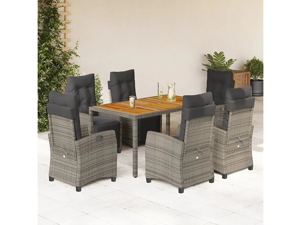 Set da Pranzo da Giardino 7 pz con Cuscini in Polyrattan Grigio
