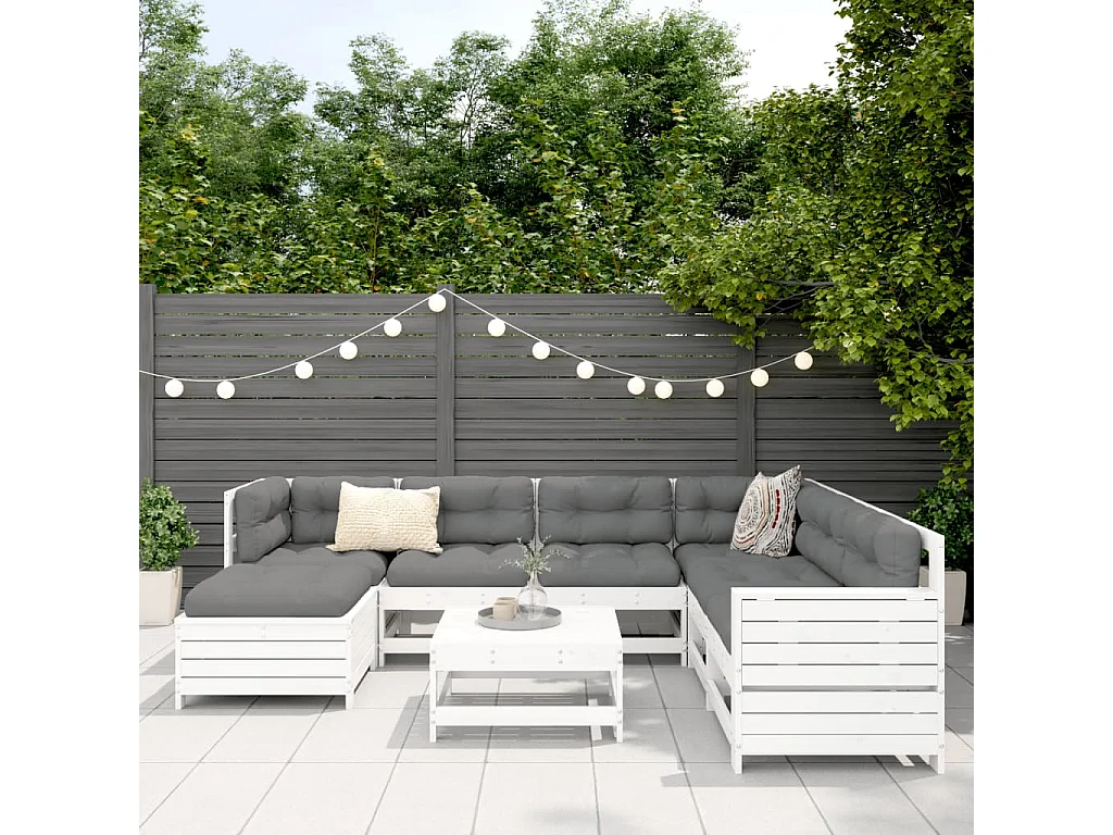 Salon de jardin 8 pcs blanc bois de pin massif