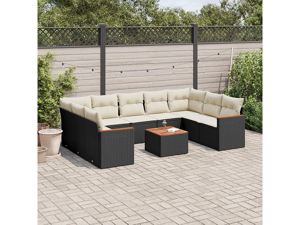 10-delige Loungeset met kussens poly rattan zwart