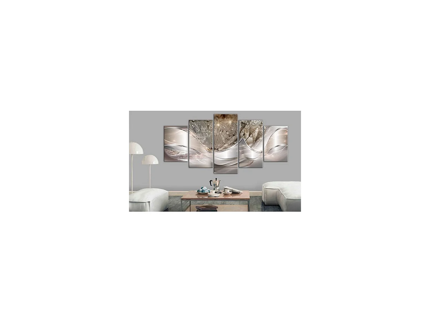 Tableau Sparkling Dandelions (5 Parts) Beige Wide 200x100 cm