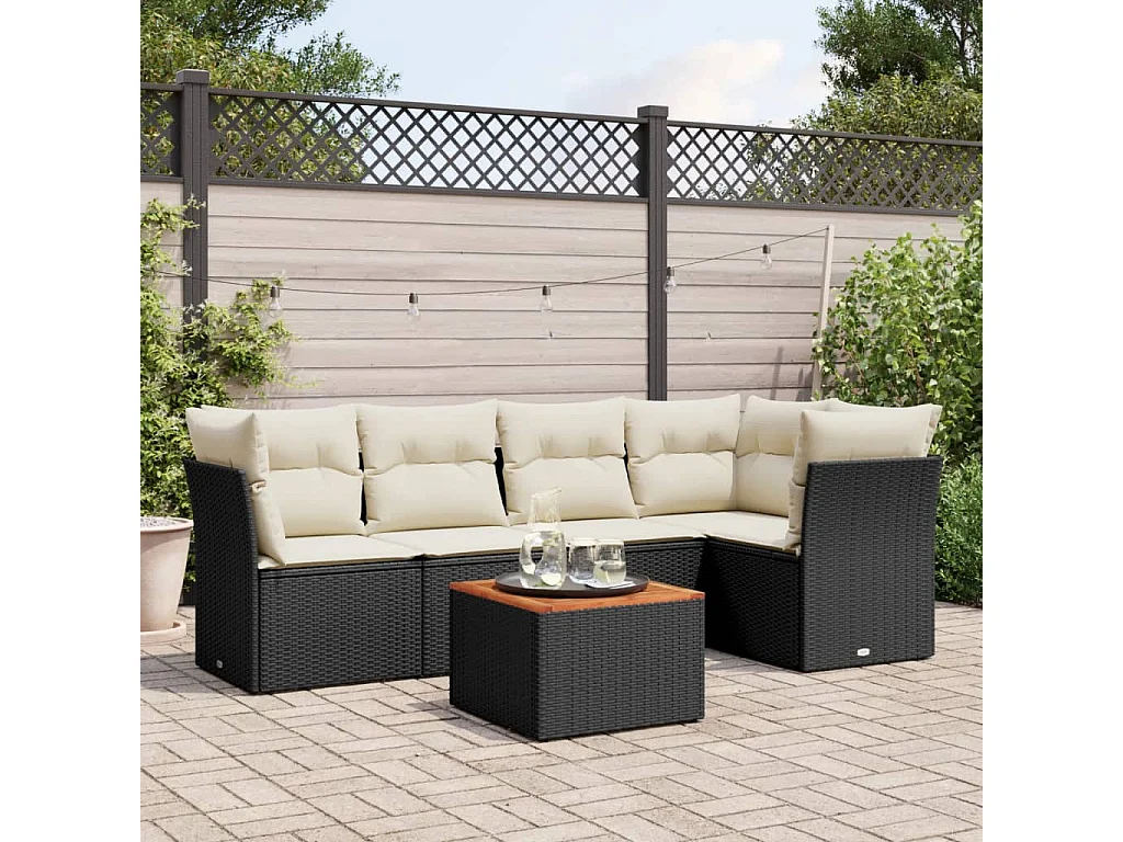 6-tlg. Garten-Sofagarnitur mit Kissen Schwarz Poly Rattan