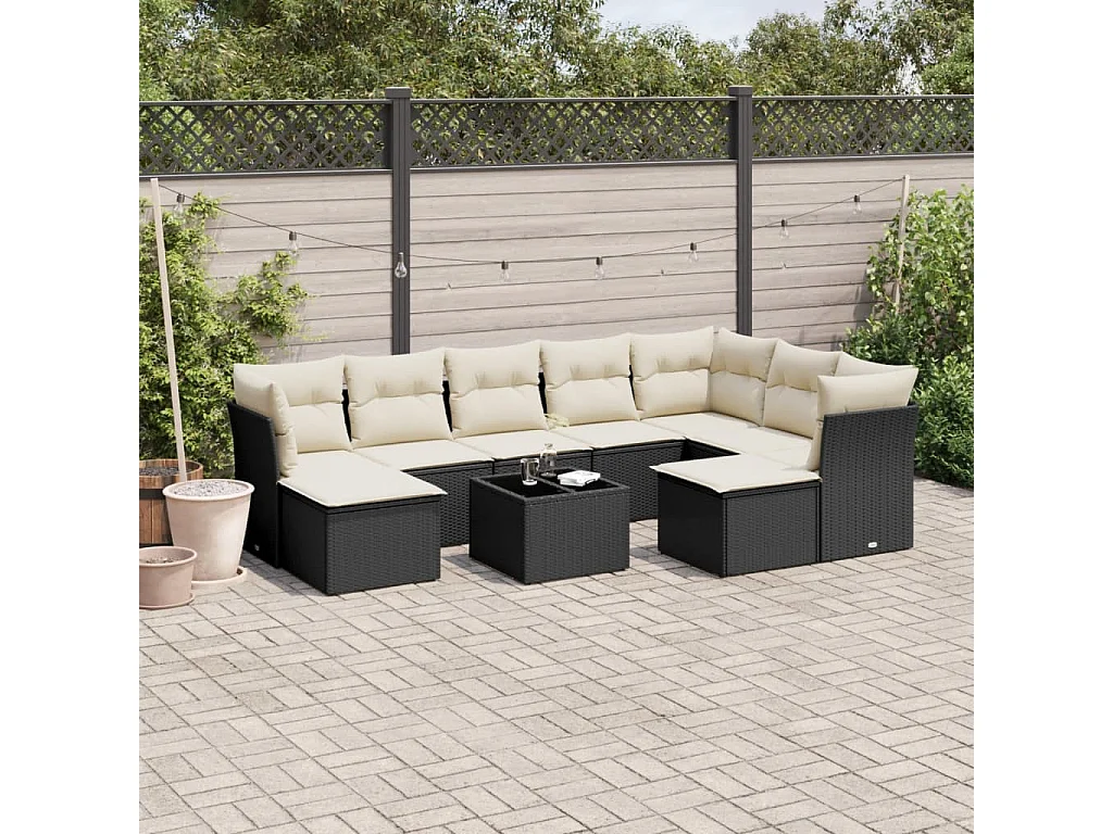 Salon de jardin 10 pcs avec coussins noir résine tressée