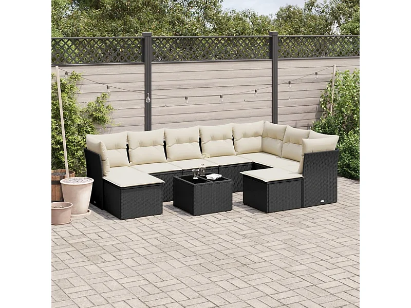 Set Divani da Giardino 10pz con Cuscini in Polyrattan Nero