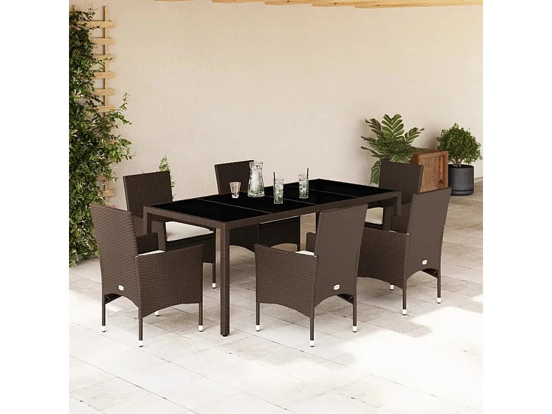 Set Pranzo da Giardino 7pz con Cuscini Marrone Polyrattan Vetro