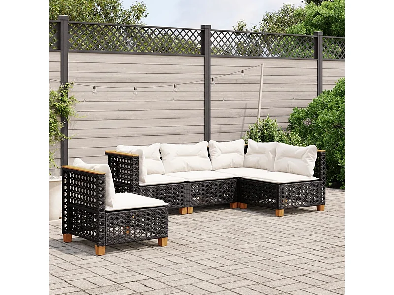 Salon de jardin 5 pcs avec coussins noir résine tressée