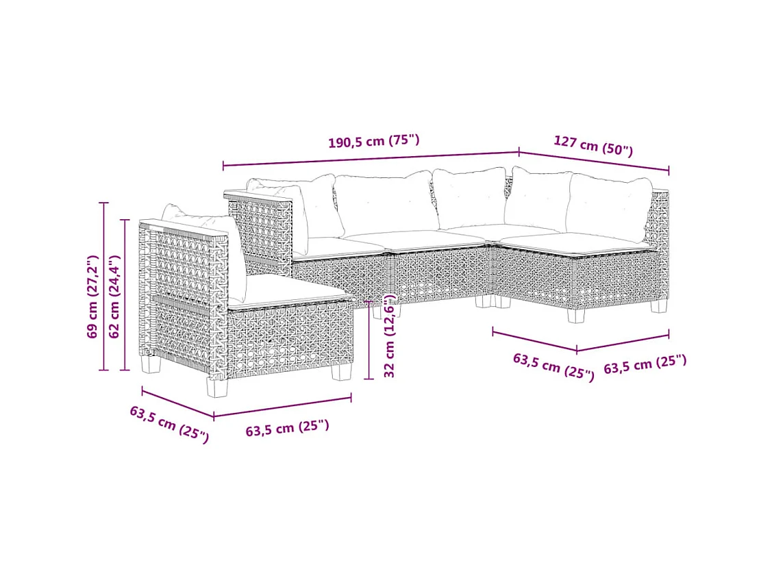 Salon de jardin 5 pcs avec coussins noir résine tressée