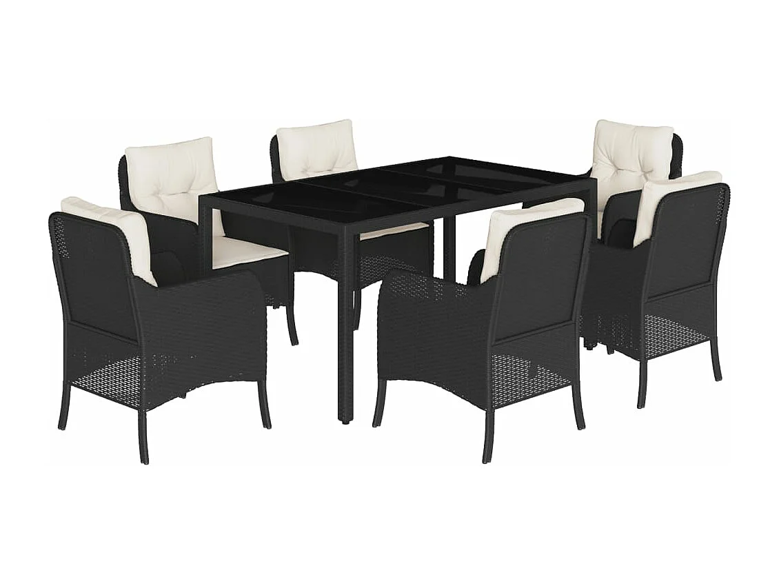 Ensemble à manger de jardin coussins 7pcs Noir Résine tressée
