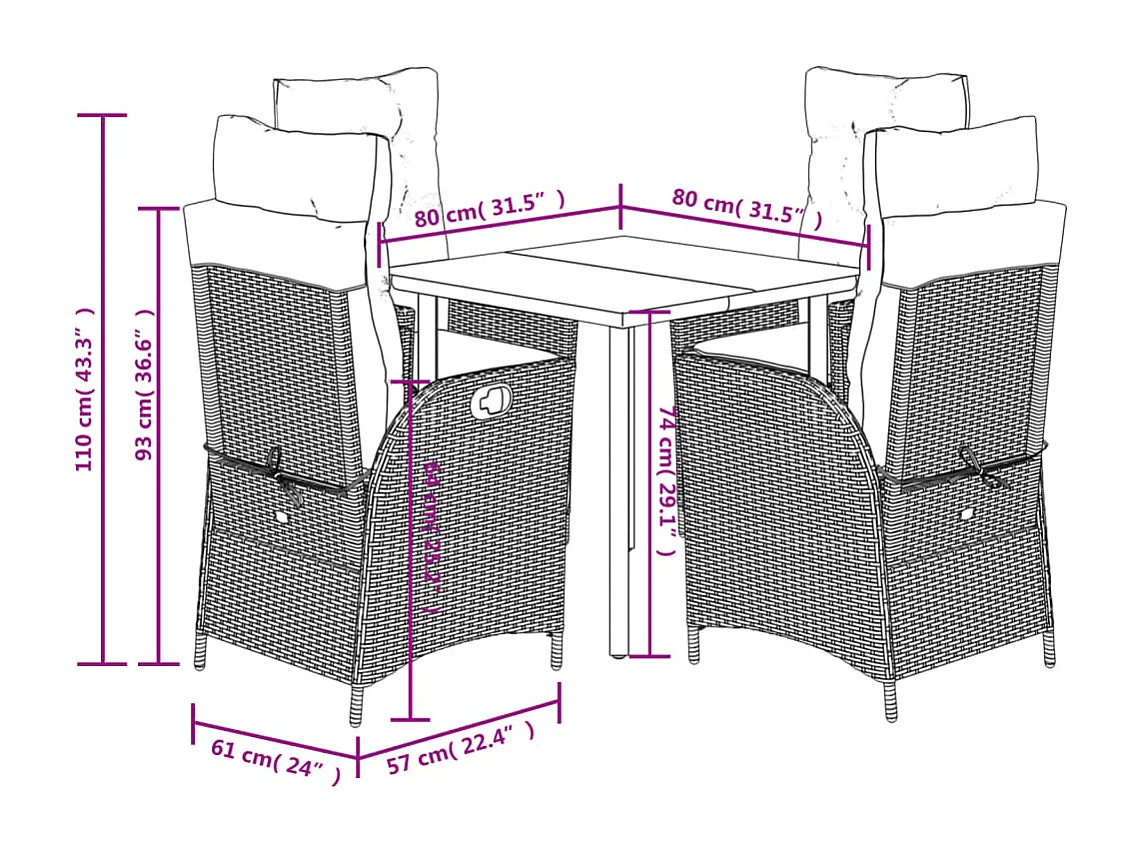 Ensemble à manger de jardin 5 pcs coussins gris résine tressée
