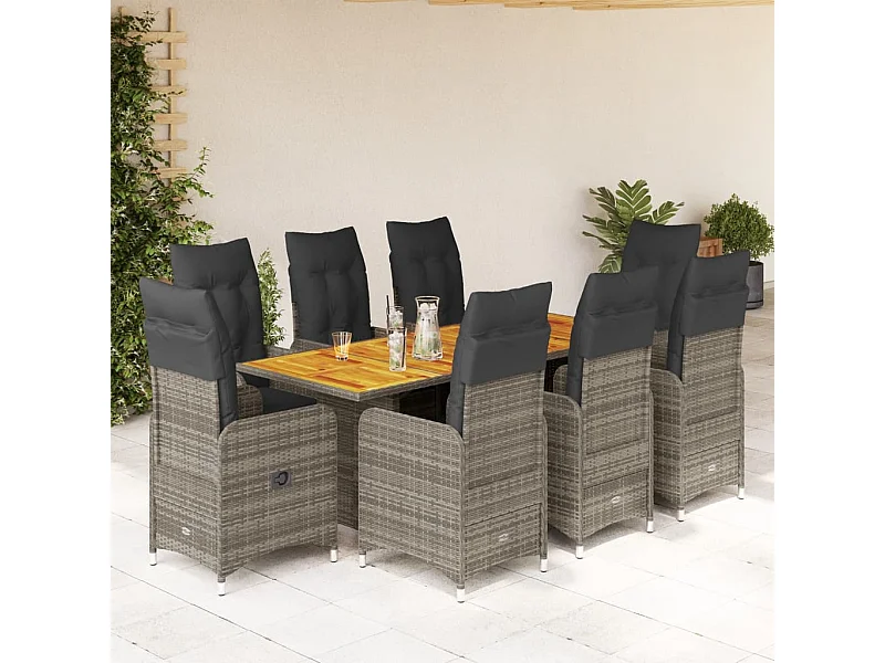 Ensemble de bistro de jardin 9 pcs coussins gris poly rotin