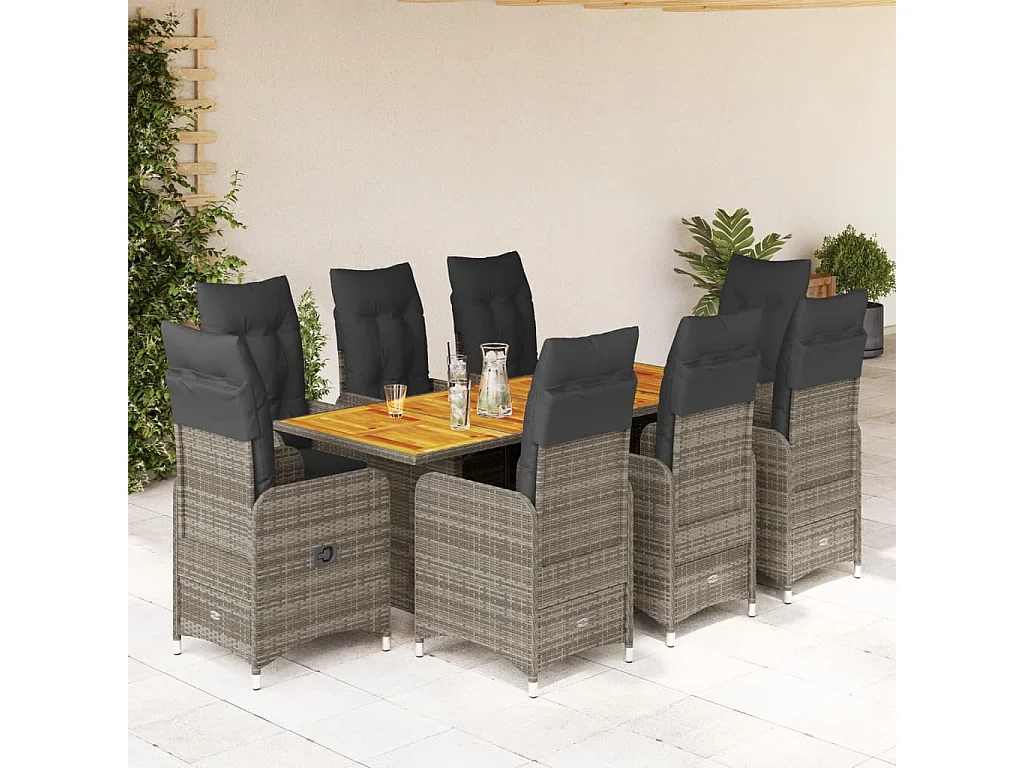Ensemble de bistro de jardin 9 pcs coussins gris poly rotin