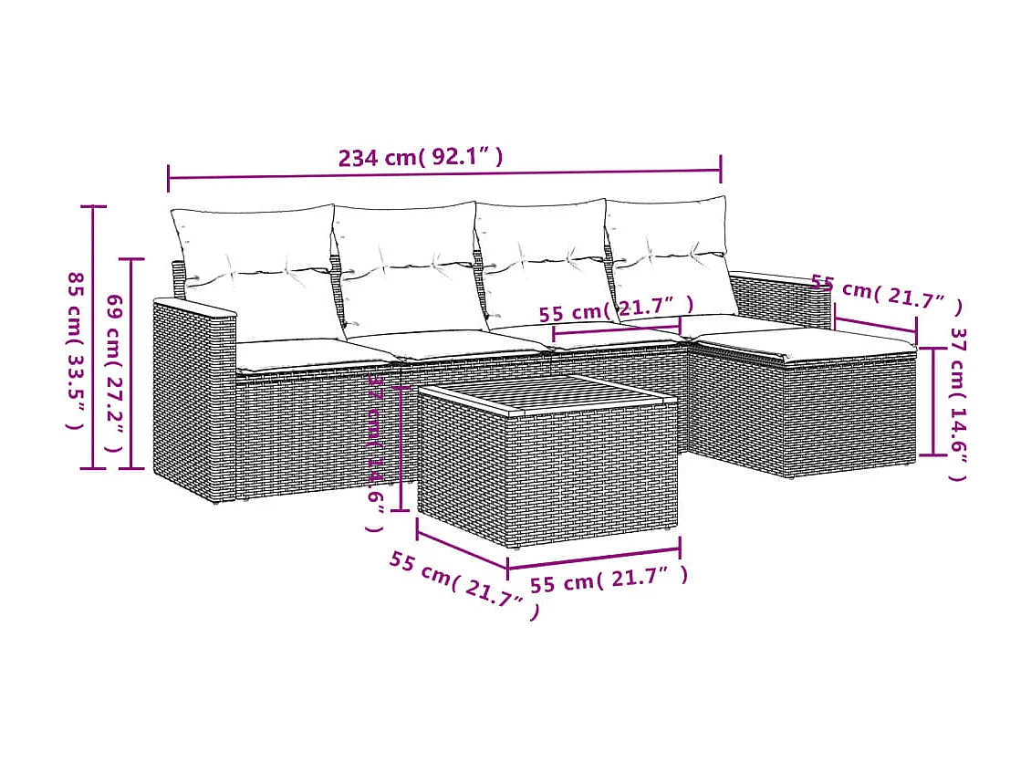 Set Divano da Giardino 6 pz con Cuscini Nero in Polyrattan