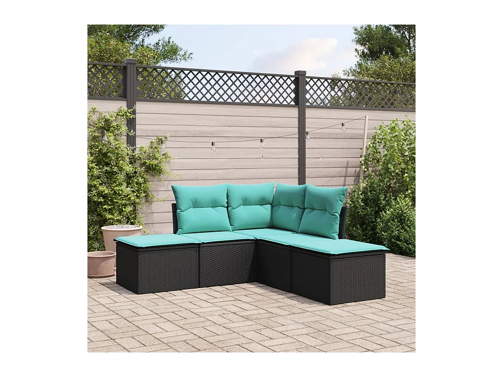 Salon de jardin 5 pcs avec coussins noir résine tressée