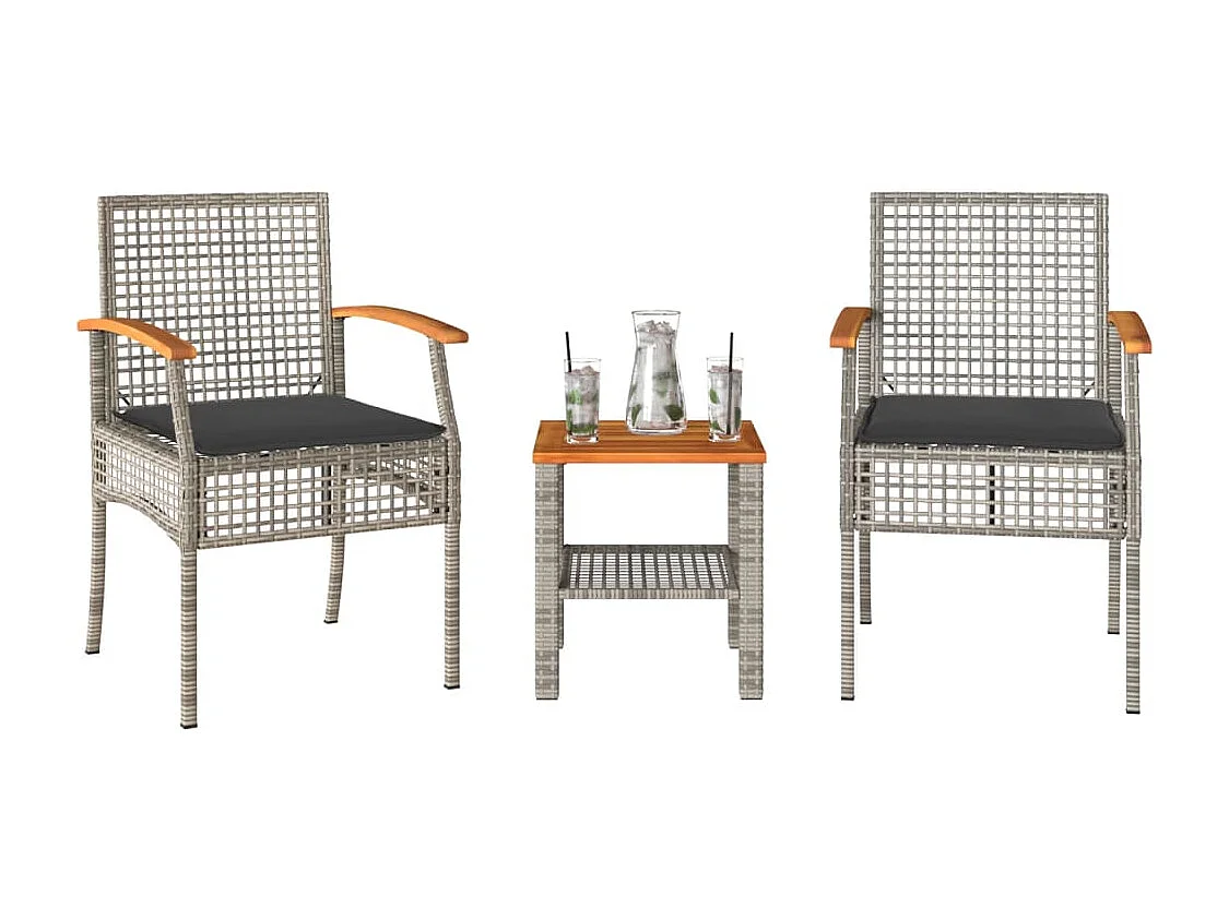 3-delige Bistroset met kussens poly rattan en acaciahout grijs