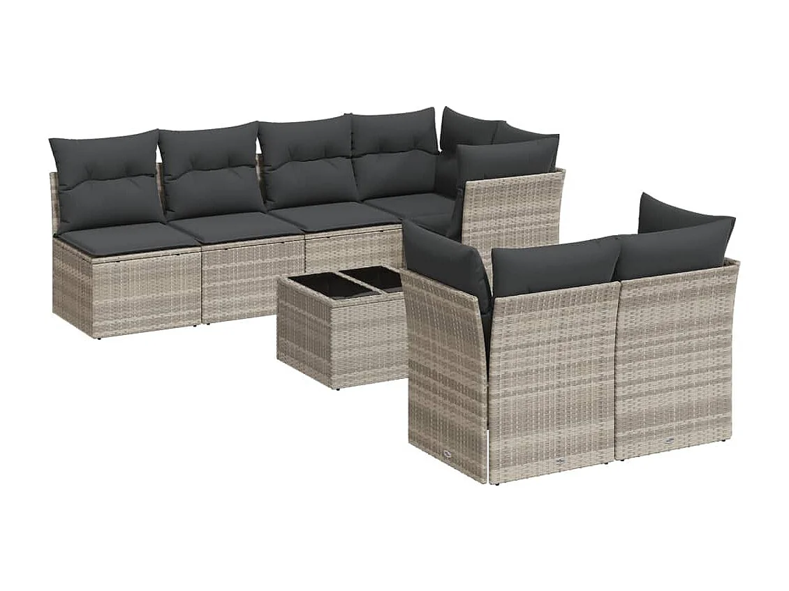 8 pcs conj. sofás jardim c/ almofadões vime PE cinzento-claro