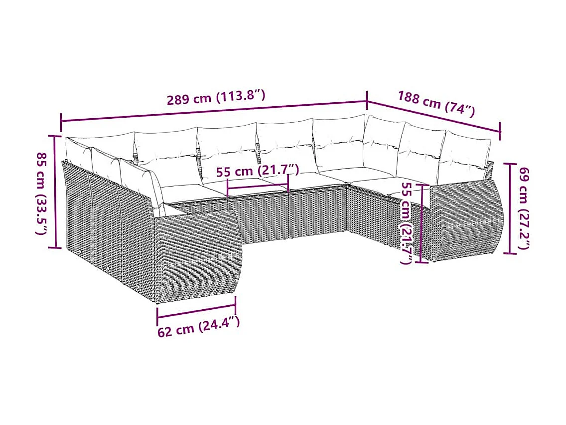 Set Divano da Giardino 9pz con Cuscini Grigio Chiaro Polyrattan