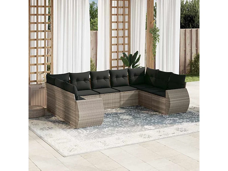 9-tlg. Garten-Sofagarnitur mit Kissen Hellgrau Poly Rattan