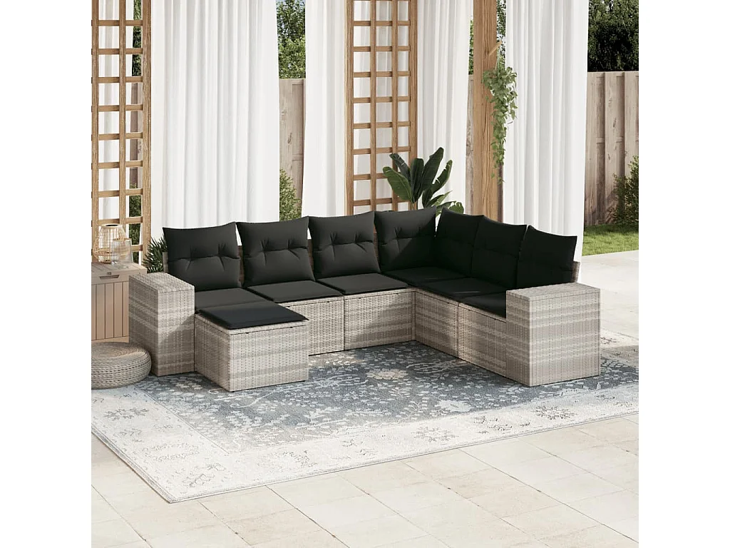 Salon de jardin avec coussins 7 pcs gris clair résine tressée