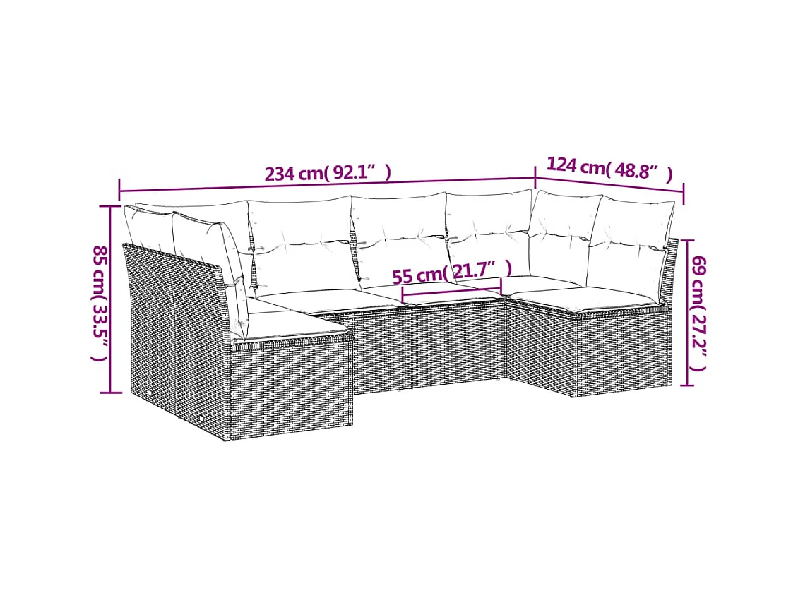 Salon de jardin avec coussins 6 pcs marron résine tressée