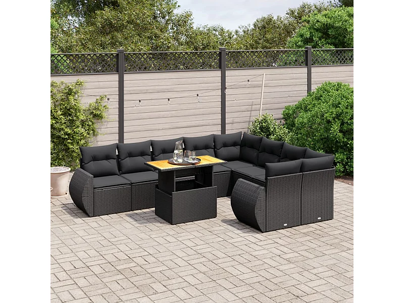 10-tlg. Garten-Sofagarnitur mit Kissen Schwarz Poly Rattan