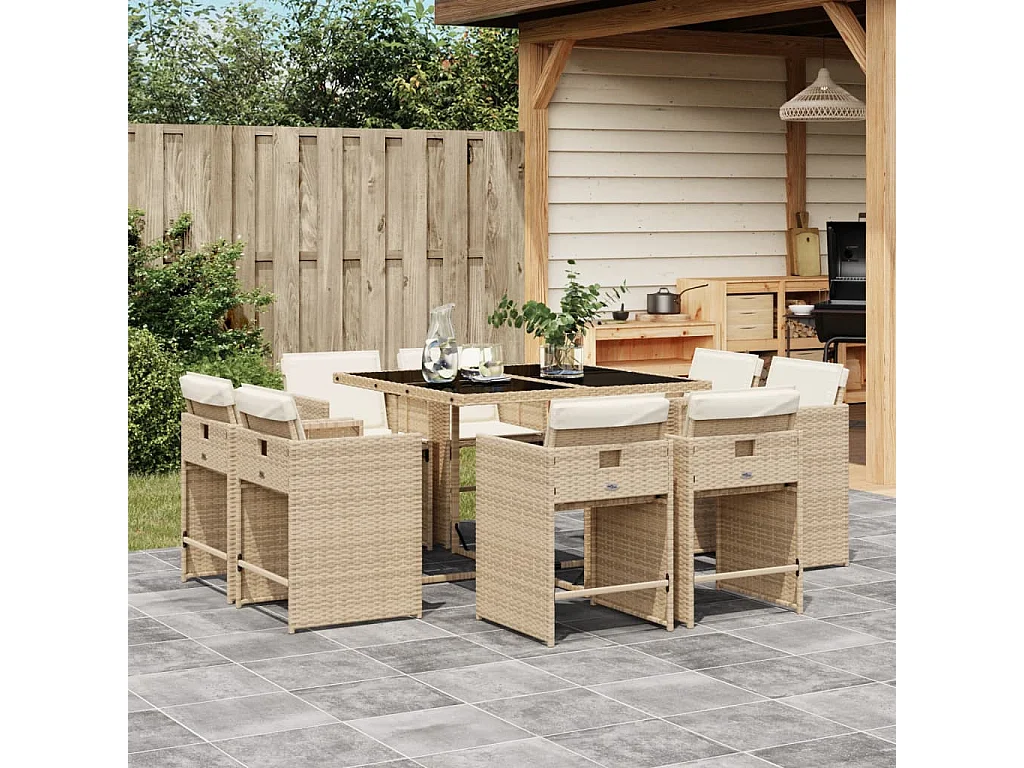 Set da Pranzo da Giardino 9 pz con Cuscini Beige in Polyrattan