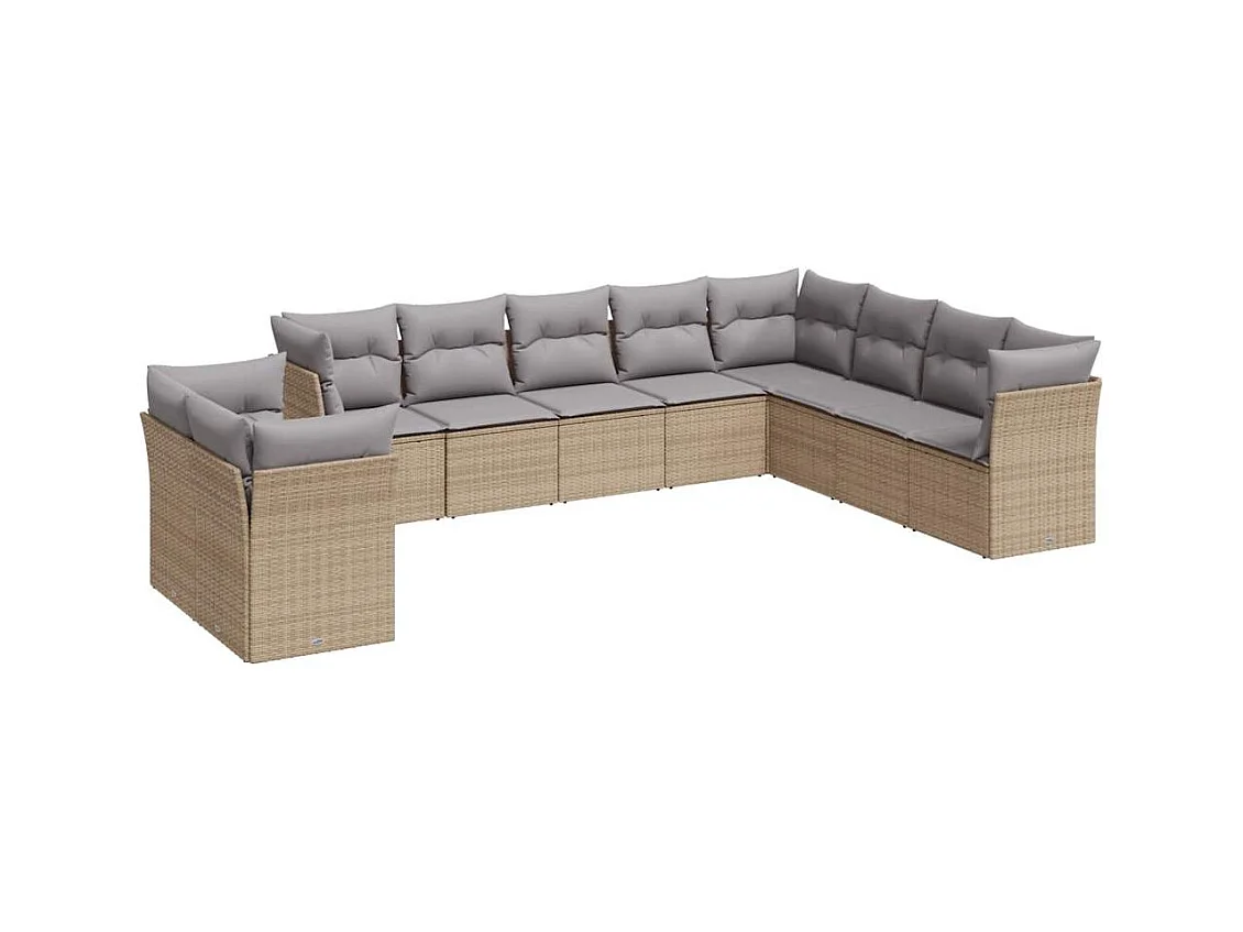 10-tlg. Garten-Sofagarnitur mit Kissen Beige Poly Rattan