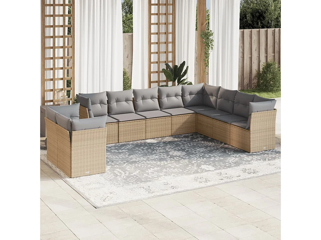 Salon de jardin avec coussins 10 pcs beige résine tressée