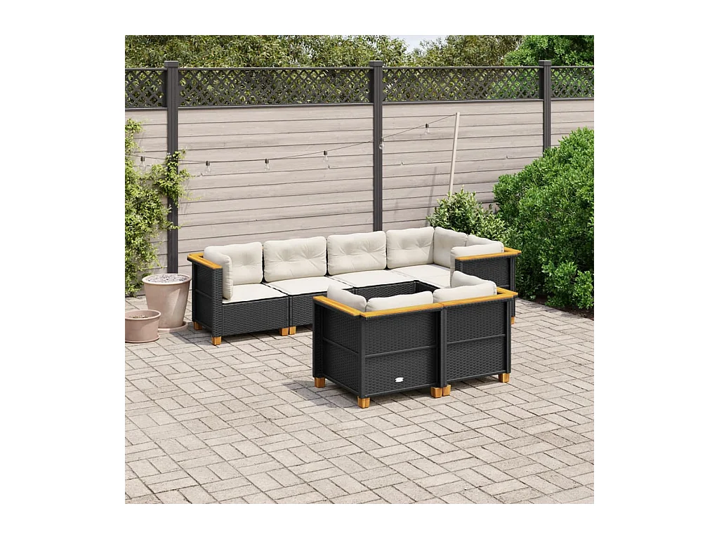 7 pcs conjunto de sofás p/ jardim c/ almofadões vime PE preto