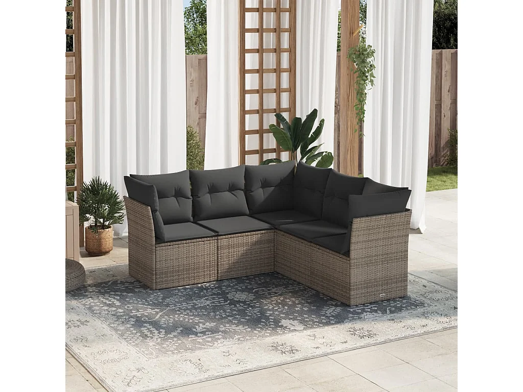 Set Divano da Giardino 5 pz con Cuscini Grigio in Polyrattan