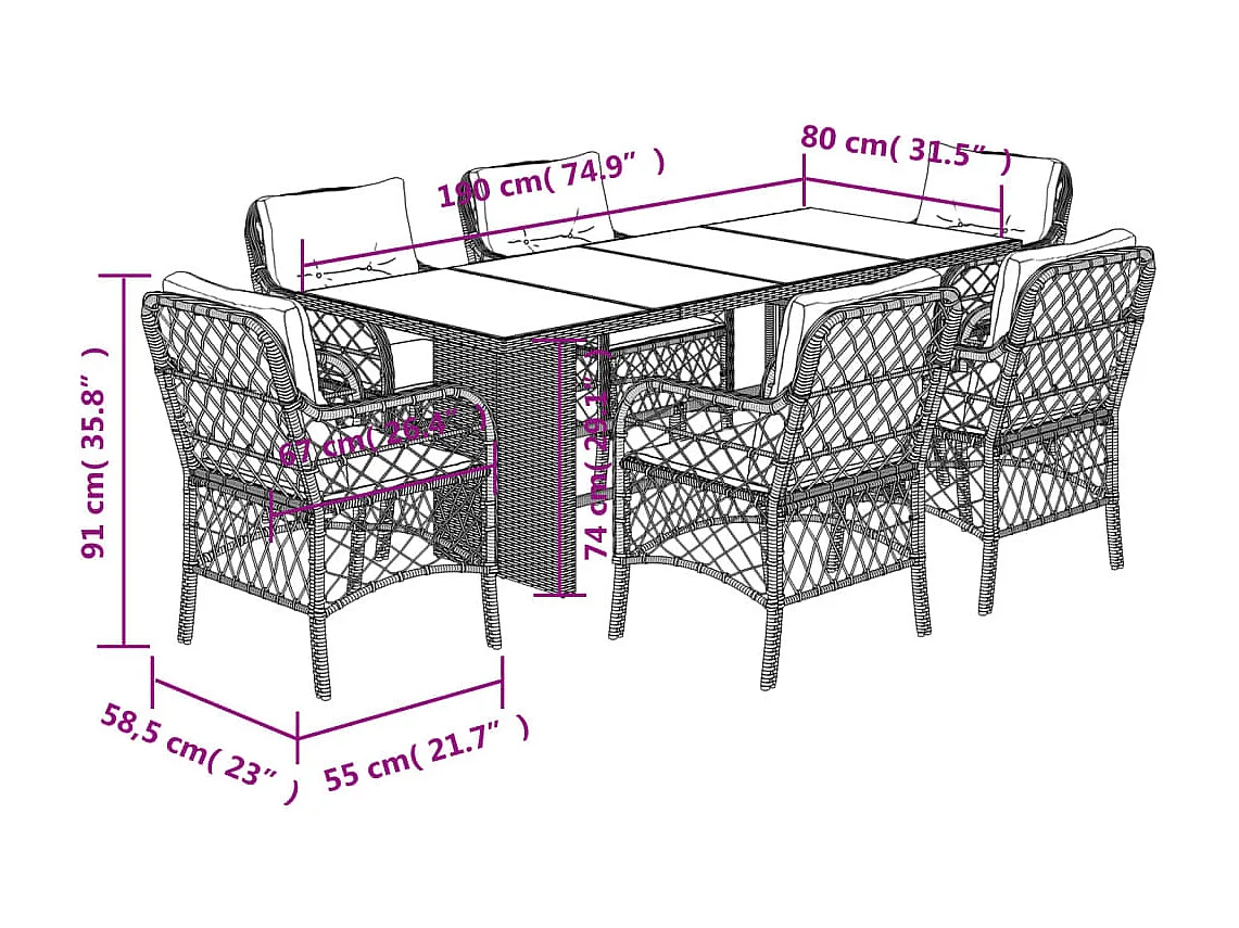 Set da Pranzo da Giardino 7 pz Nero con Cuscini in Polyrattan