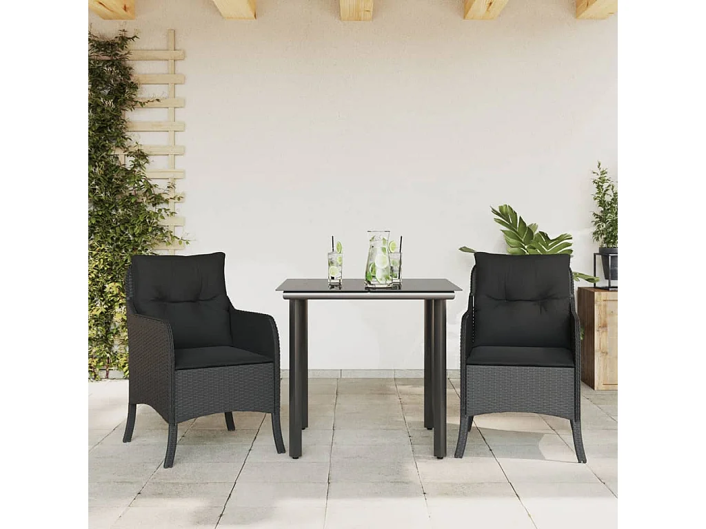 3-tlg. Garten-Essgruppe mit Kissen Schwarz Poly Rattan
