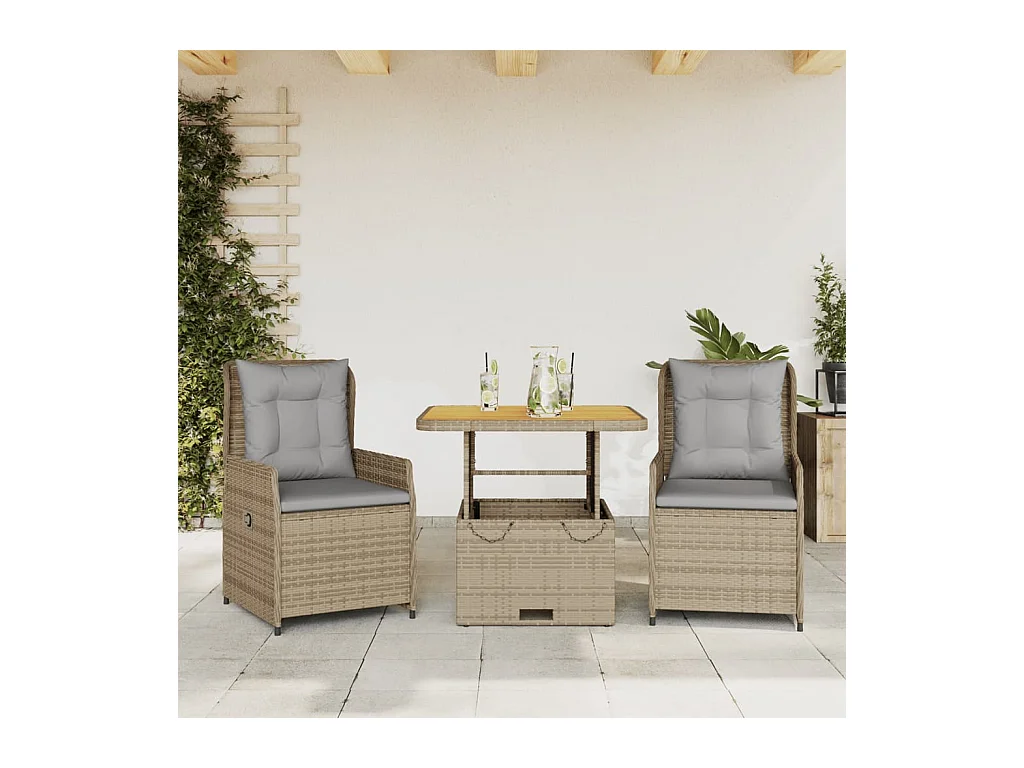 Set da Bistrò 3 pz con Cuscini Beige in Polyrattan