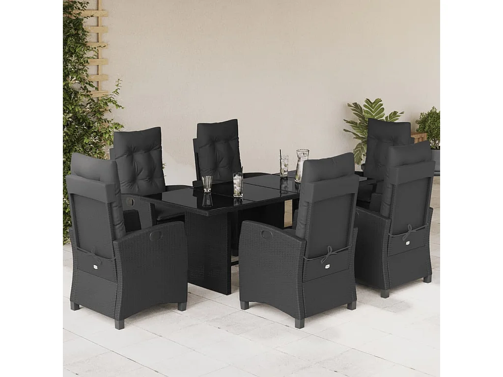 Set de comedor de jardín 7 pzas y cojines ratán sintético negro