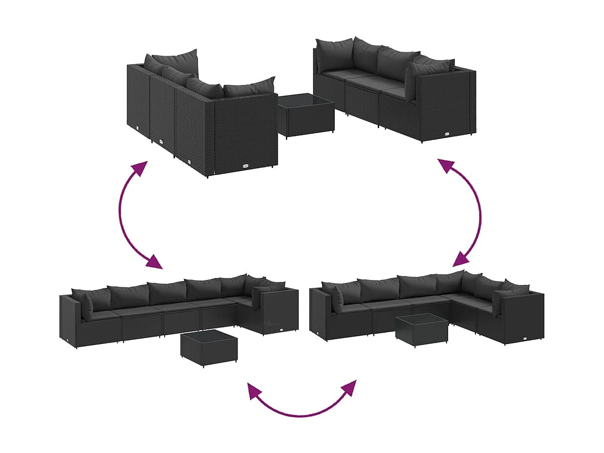 Set de muebles de jardín y cojines 7 pzas ratán sintético negro