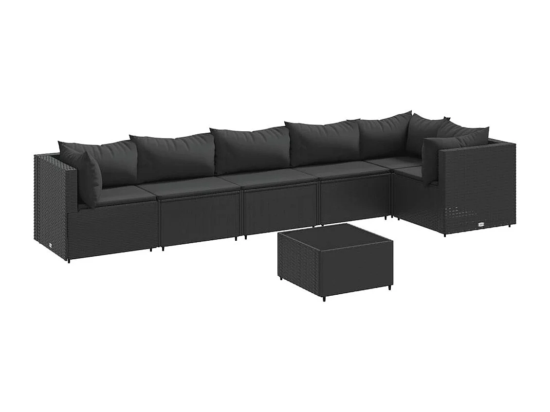 7 pcs conjunto lounge de jardim c/ almofadões vime PE preto