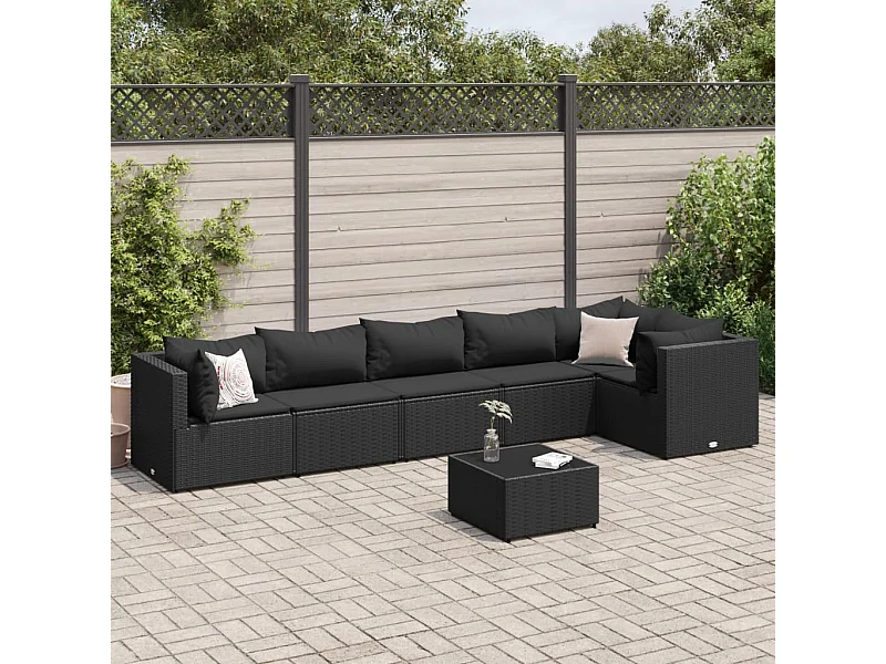 Salon de jardin 7 pcs avec coussins Noir Résine tressée