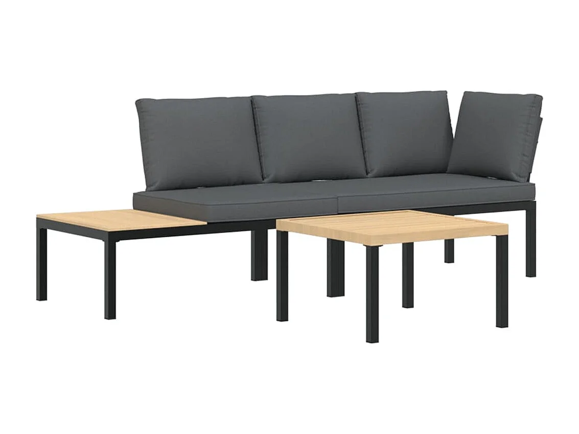 Salon de jardin 3 pcs avec coussins noir aluminium